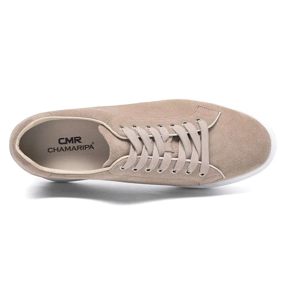 6 CM / 2.36 Inches Taller - CMR CHAMARIPA Elevator Shoes Suede Leather Canvas Apricot Sneakers