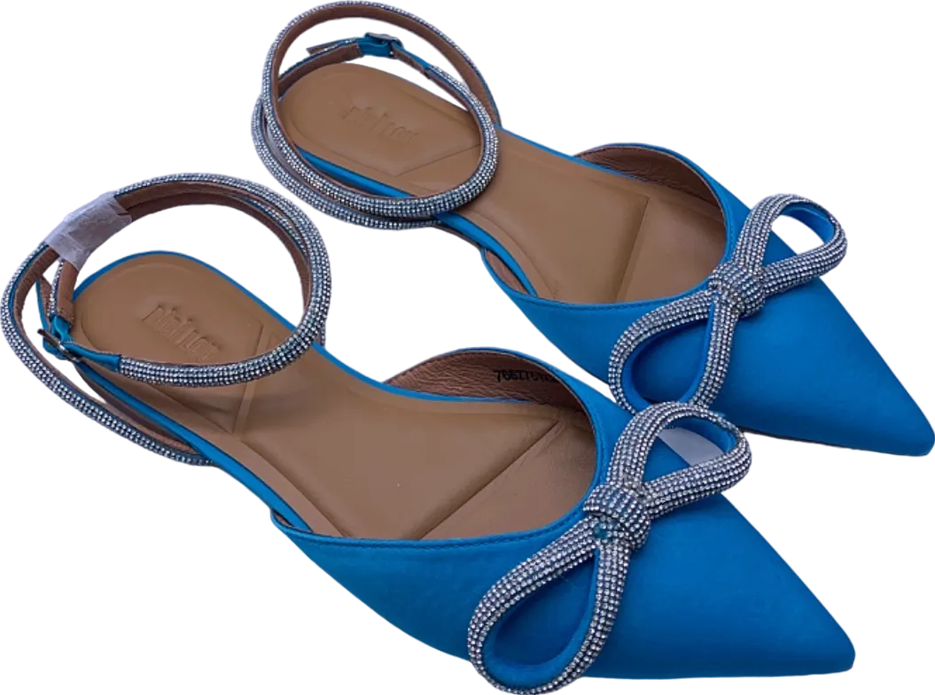 Bibi Lou Blue Embellished Satin Bow Strap Flats UK 4