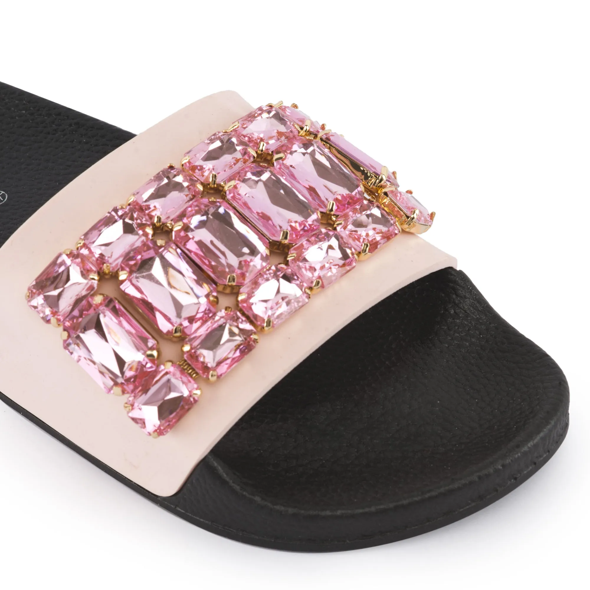 Black Pink Embellished Flat Sliders