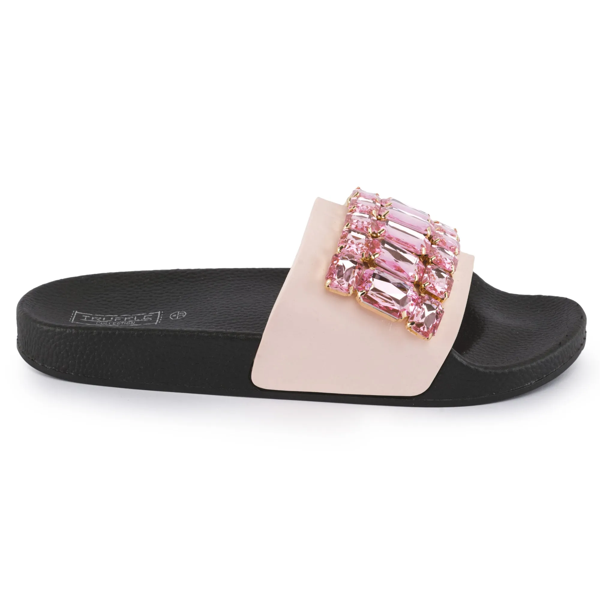 Black Pink Embellished Flat Sliders