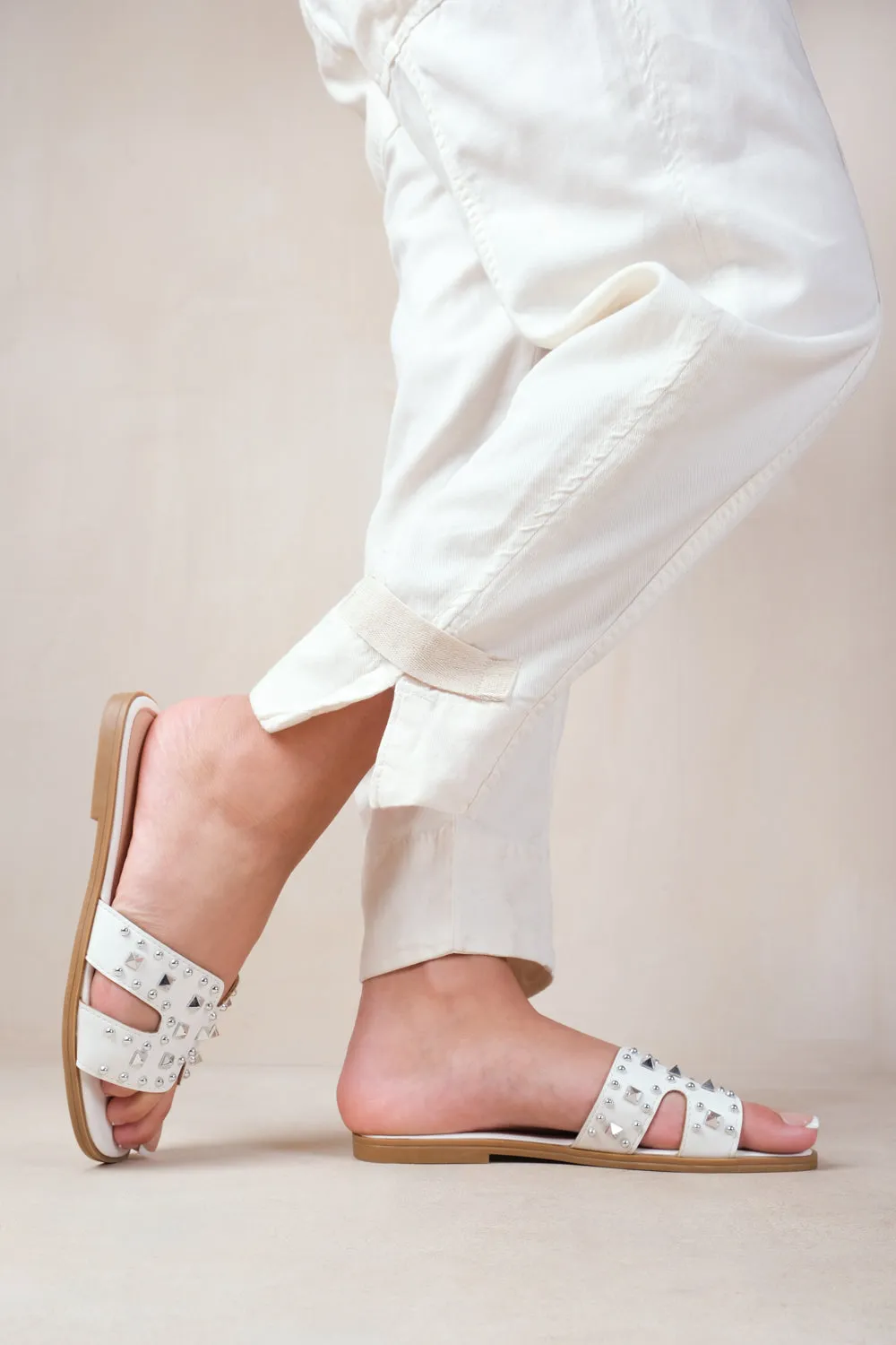 COMMET CUT OUT STRAP FLAT SANDALS WITH DIAMANTE DETAIL IN WHITE FAUX LEATHER