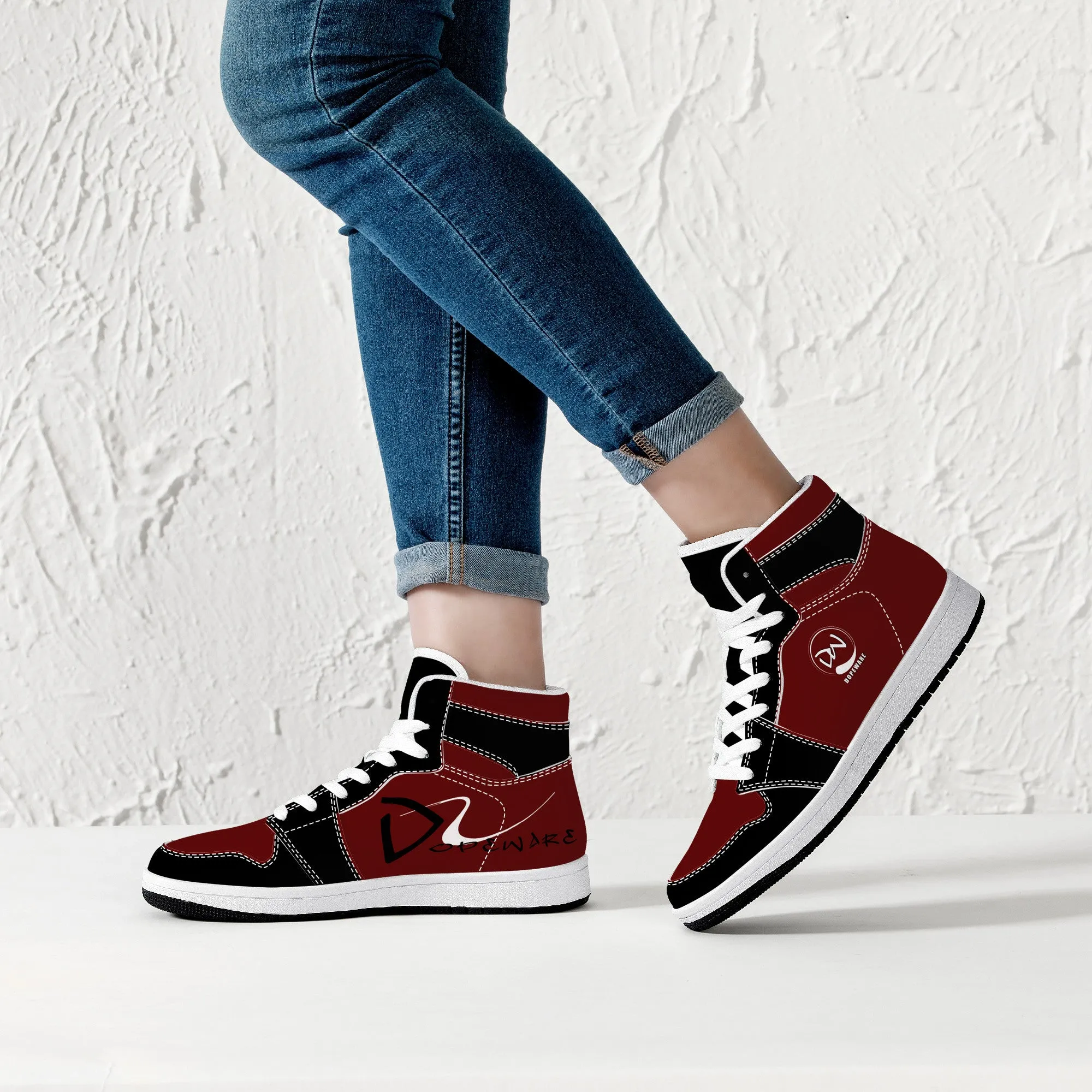 D16 High-Top Leather Sneakers - Burgundy and Black