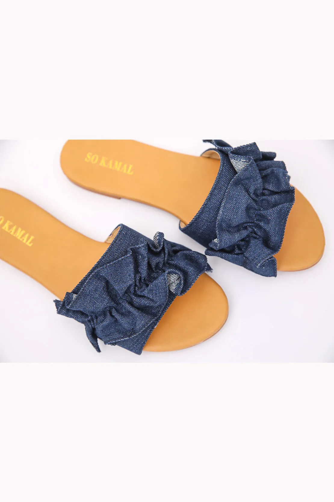 Denim Ruffled Flats - Dark Blue