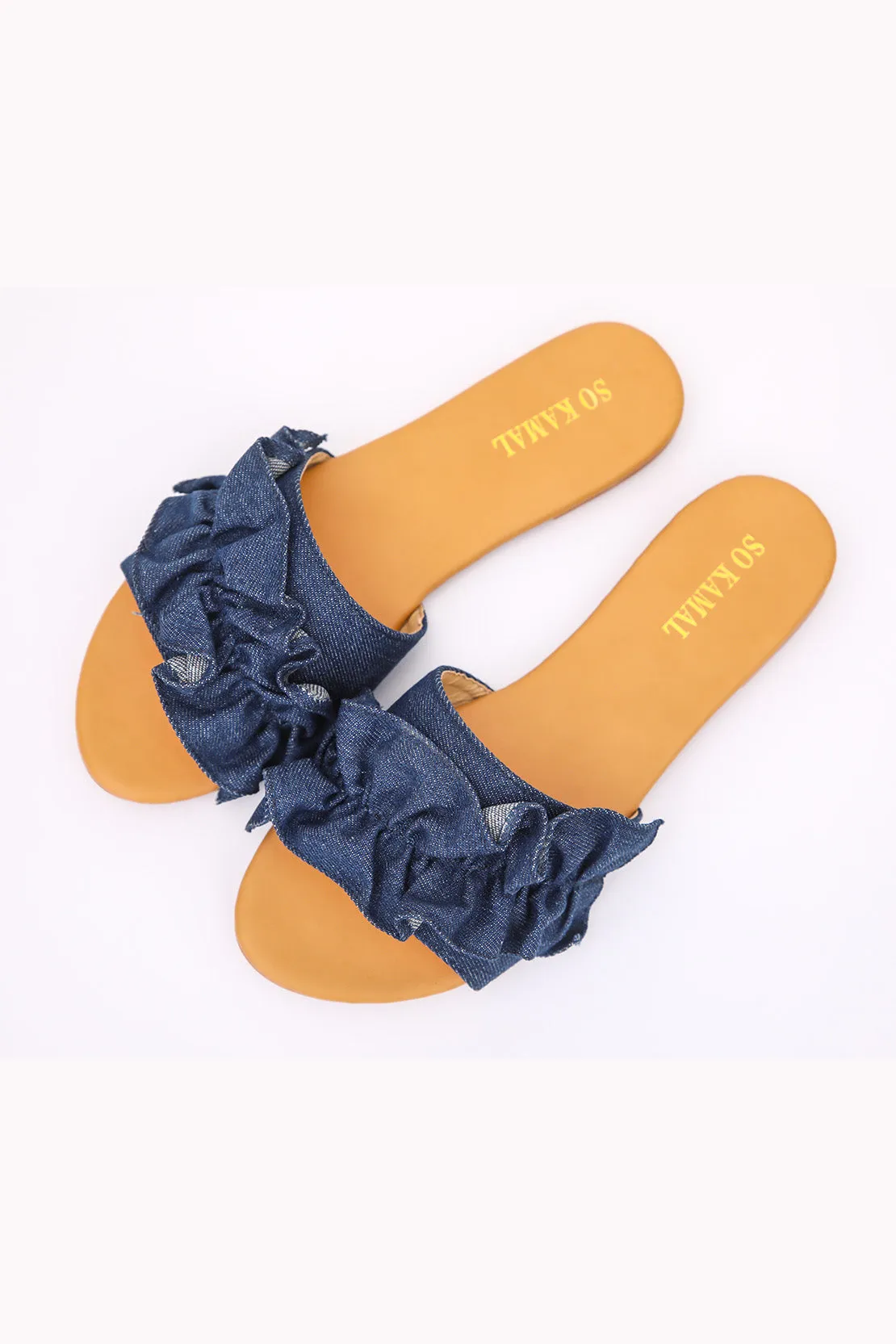 Denim Ruffled Flats - Dark Blue