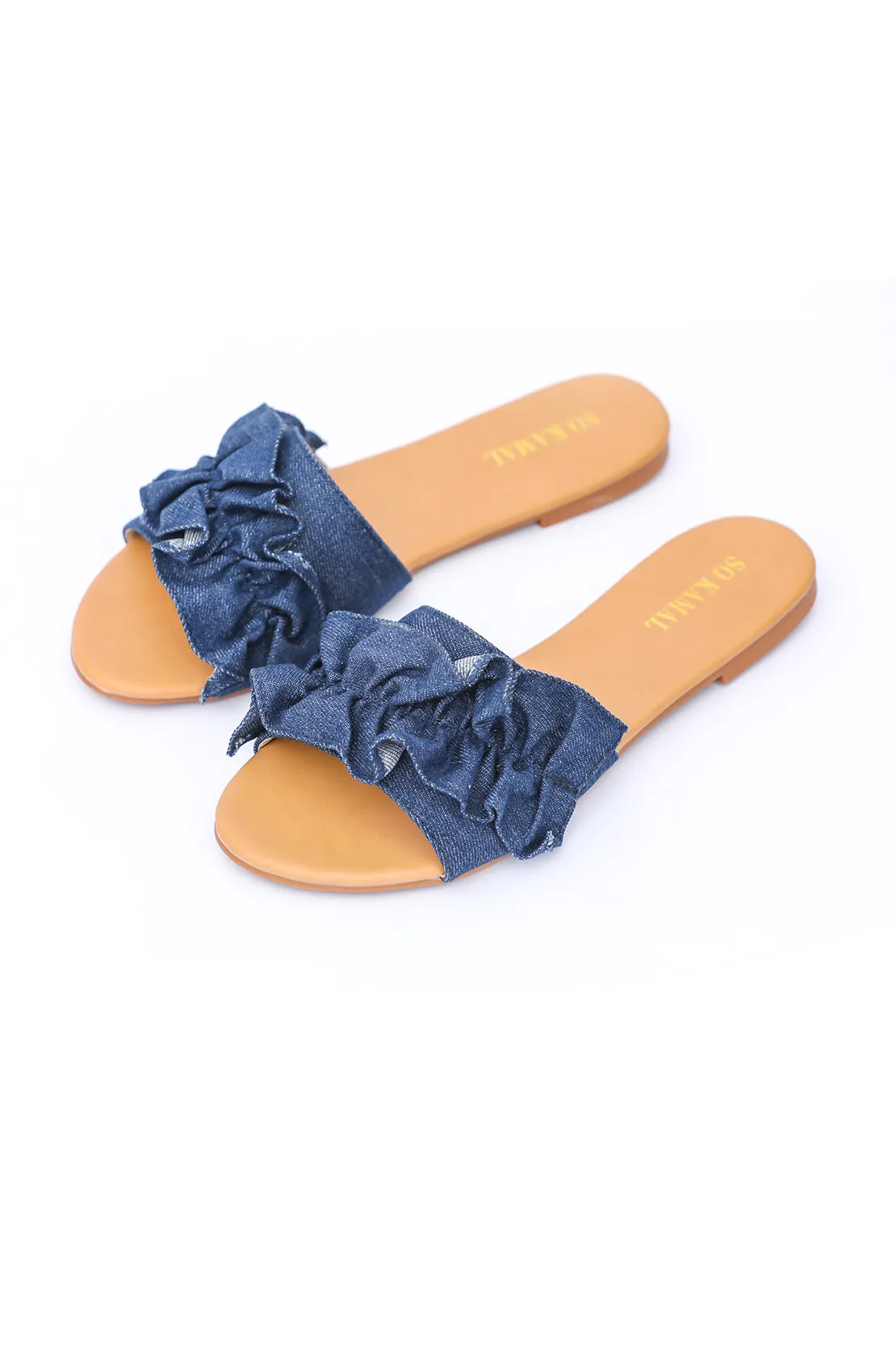 Denim Ruffled Flats - Dark Blue