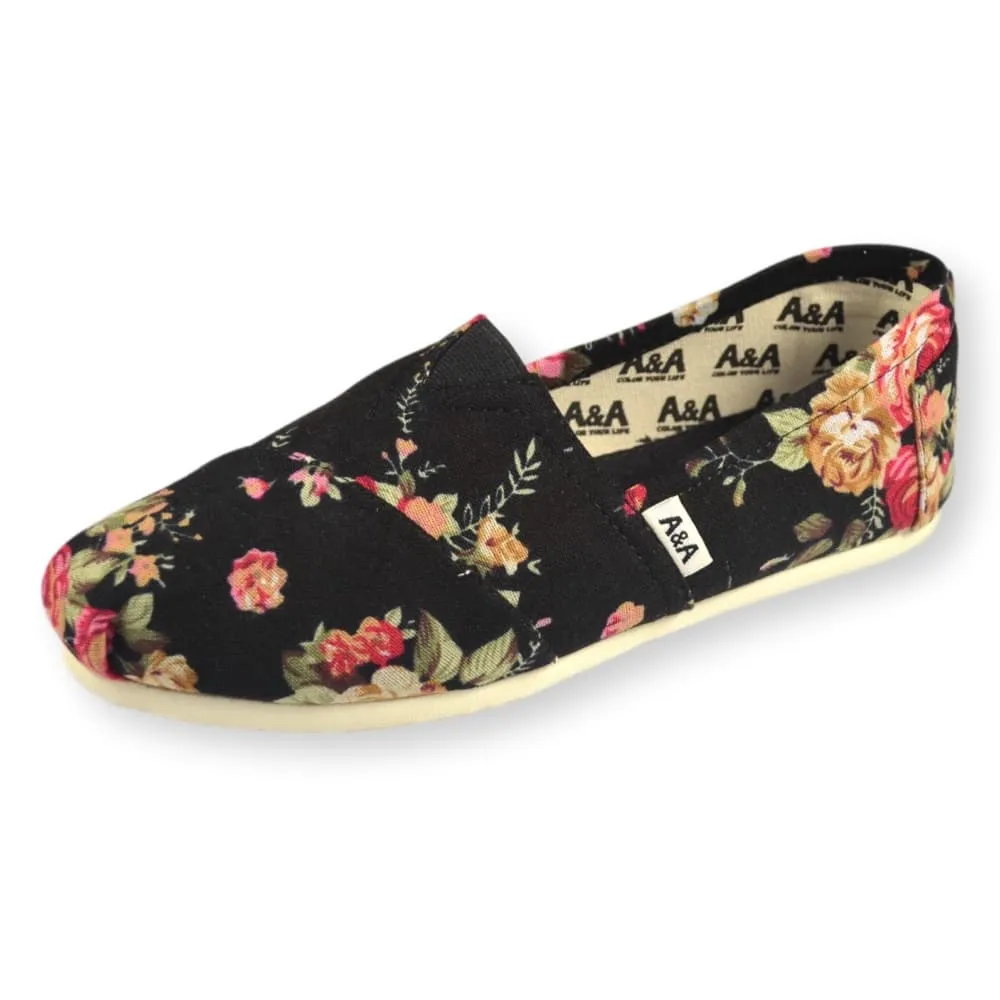 Floral VEGAN Black Canvas Slip On Shoes Alpargatas