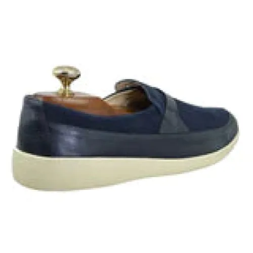 Johnny Famous Bally Style Tribeca Men's Navy Blue Leather and Suede Slip Ons