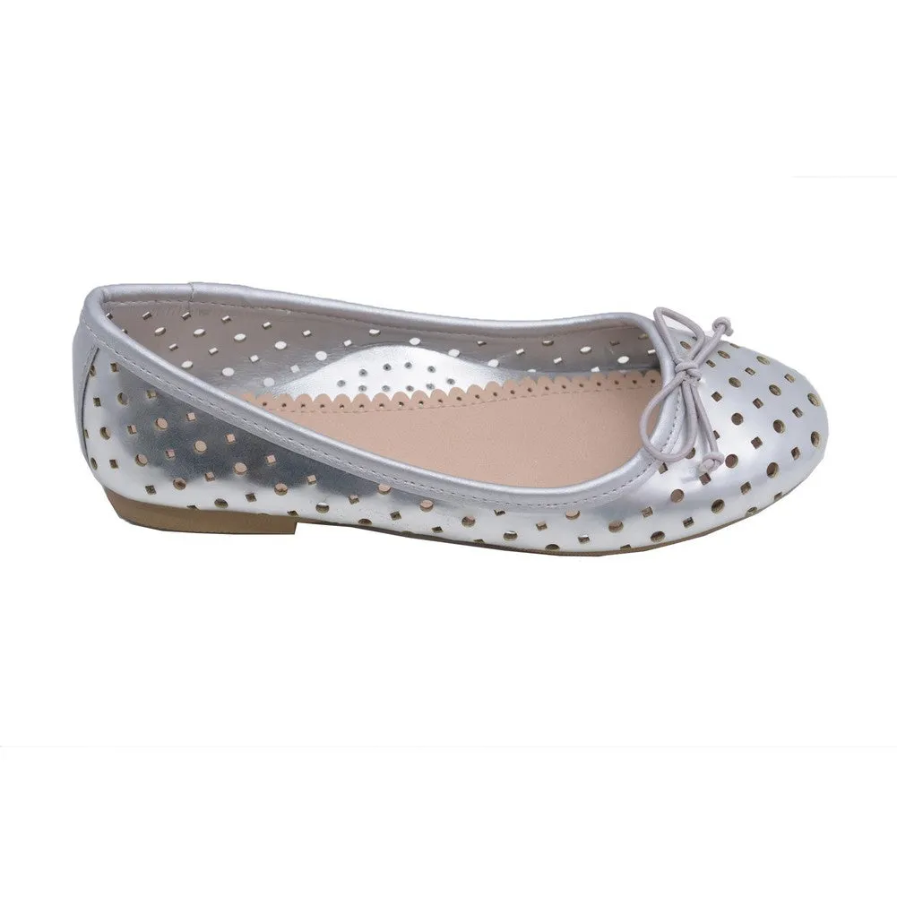 Little Big Kids Girls Silver Perforated Bow Ballet Flats 11-4 Kids