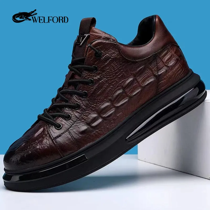 Men's crocodile print leather air cushion soft sole sneakers