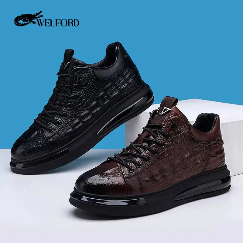 Men's crocodile print leather air cushion soft sole sneakers