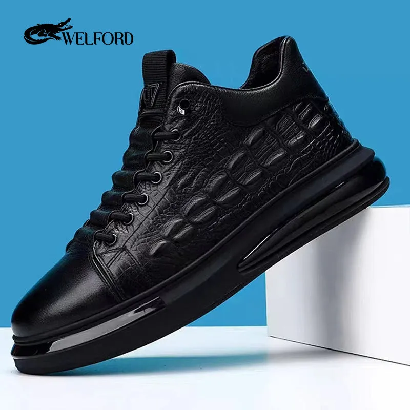 Men's crocodile print leather air cushion soft sole sneakers