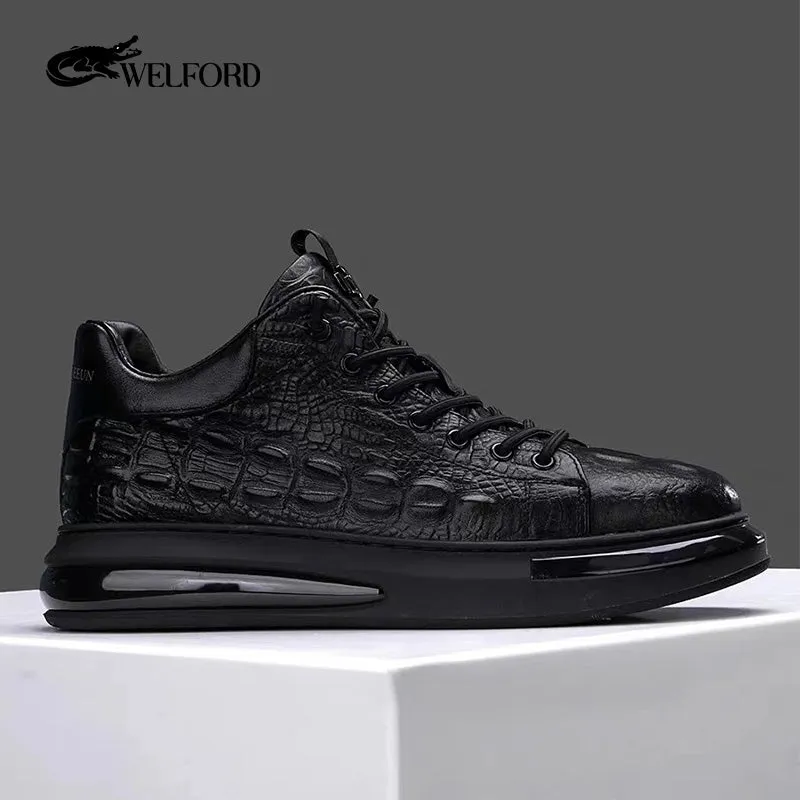 Men's crocodile print leather air cushion soft sole sneakers