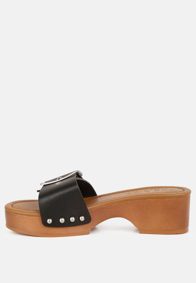 MIINDY Buckle Strap Leather Slip Ons in black