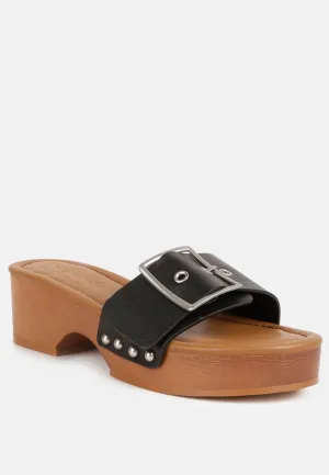 MIINDY Buckle Strap Leather Slip Ons in black