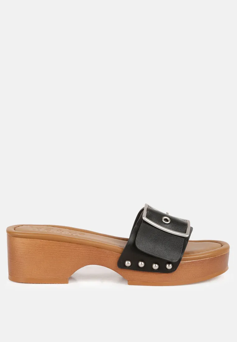 MIINDY Buckle Strap Leather Slip Ons in black