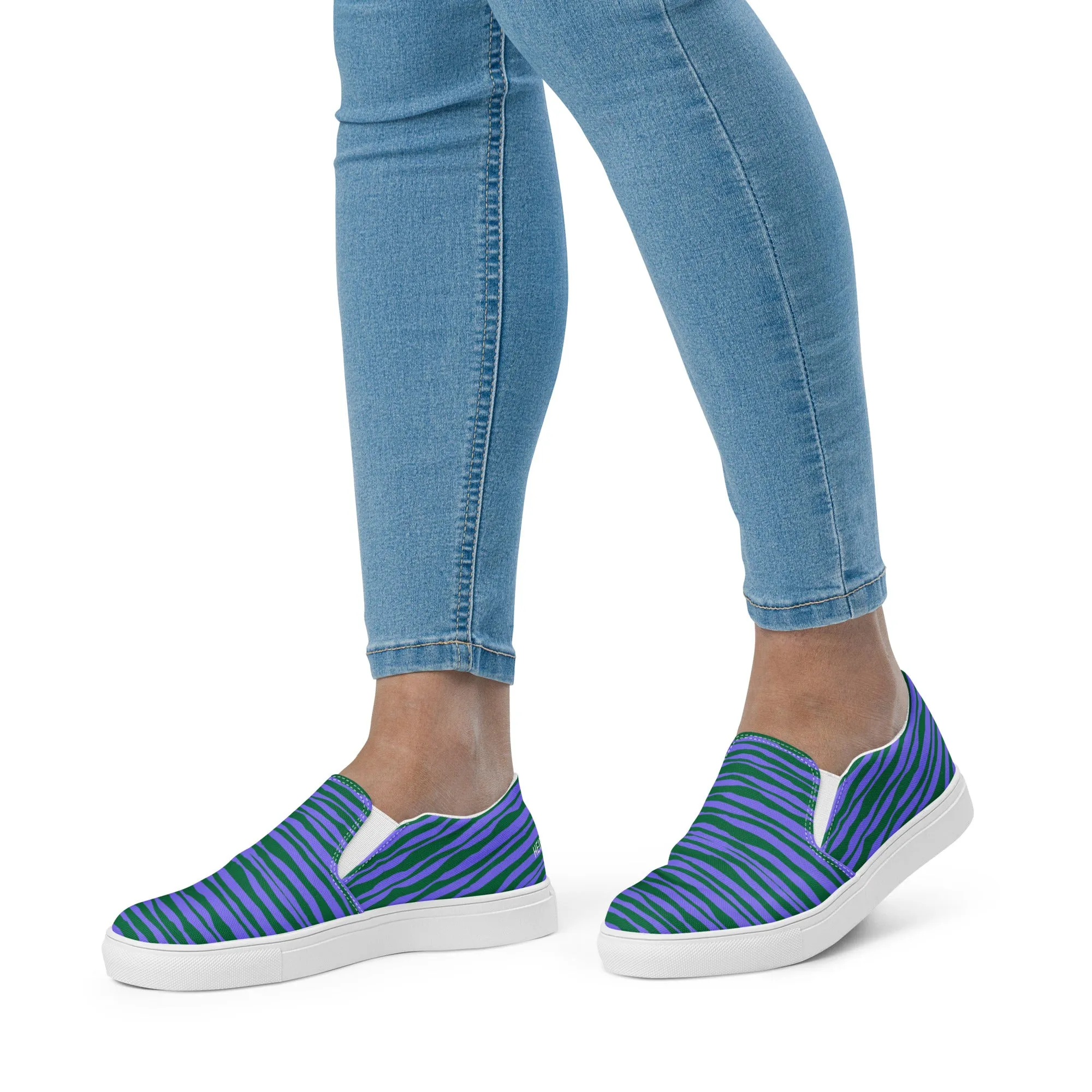 Purple Striped Women's Slip On, Purple Green Striped Print Women’s Slip-On Canvas Shoes (US Size: 5-12)