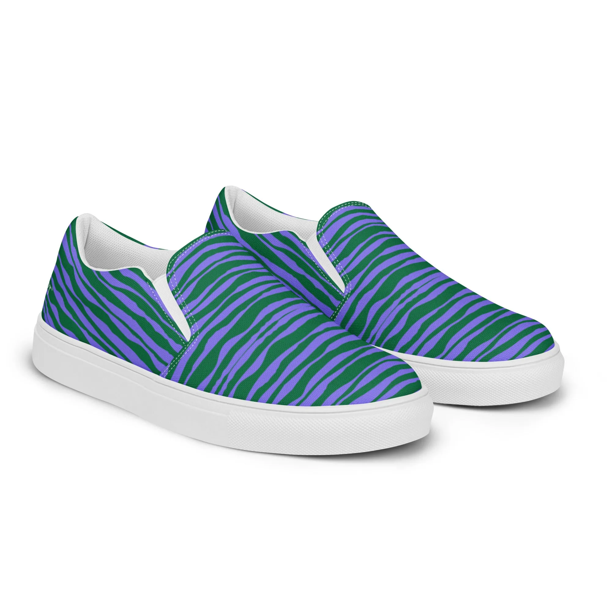 Purple Striped Women's Slip On, Purple Green Striped Print Women’s Slip-On Canvas Shoes (US Size: 5-12)