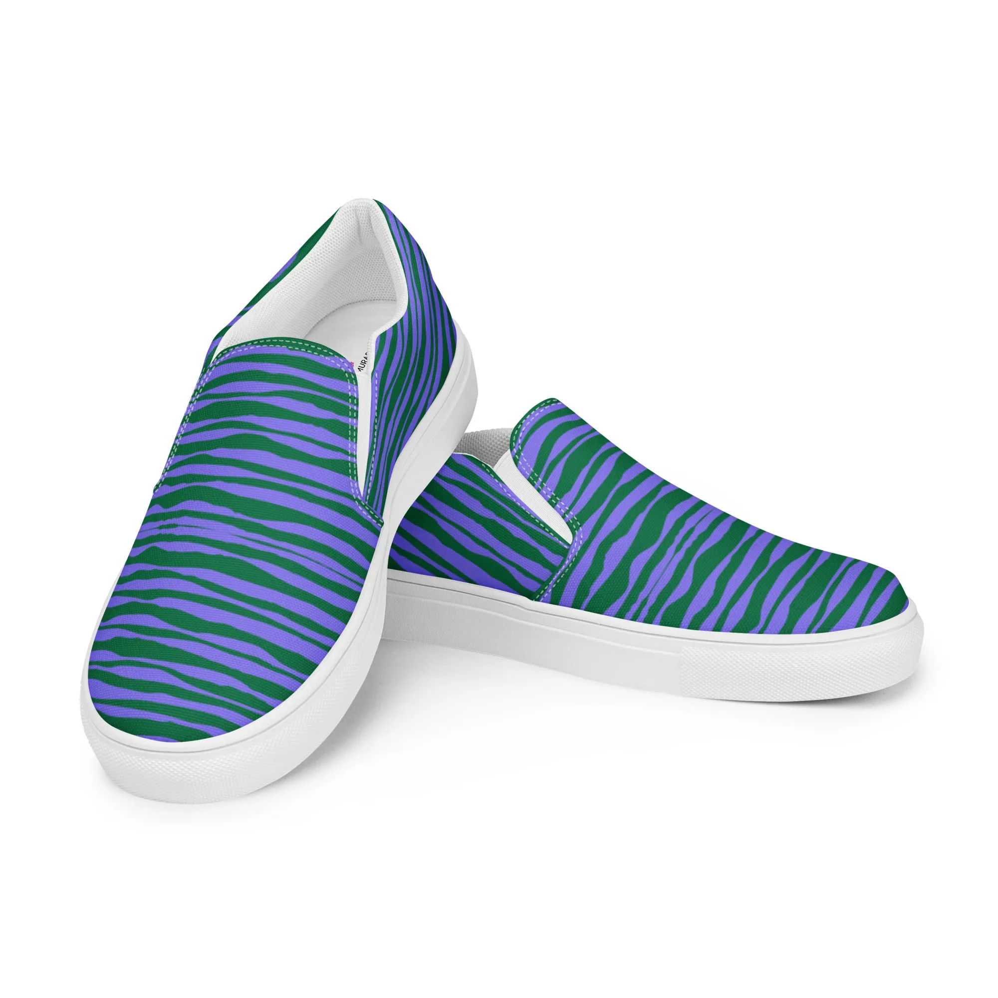 Purple Striped Women's Slip On, Purple Green Striped Print Women’s Slip-On Canvas Shoes (US Size: 5-12)