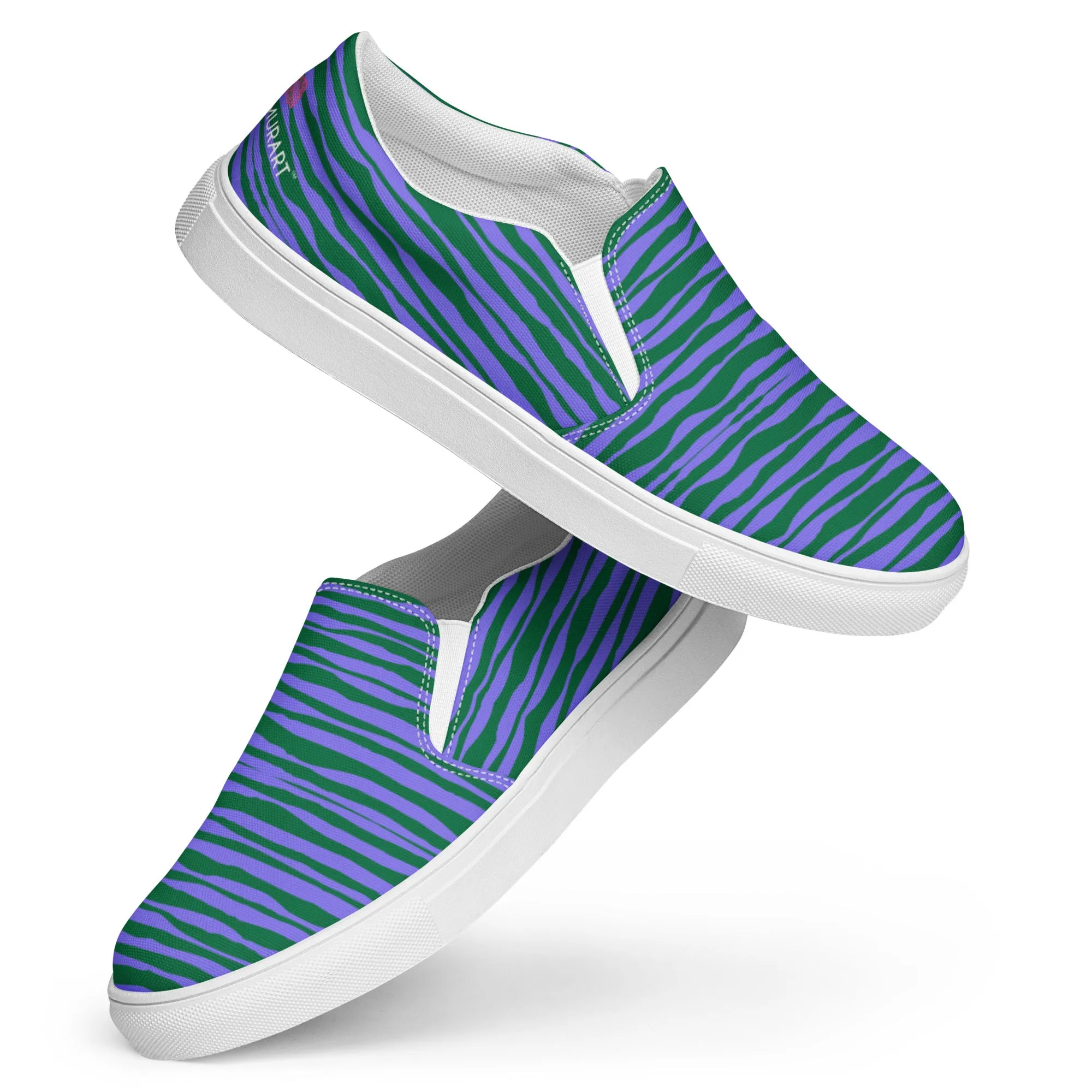 Purple Striped Women's Slip On, Purple Green Striped Print Women’s Slip-On Canvas Shoes (US Size: 5-12)