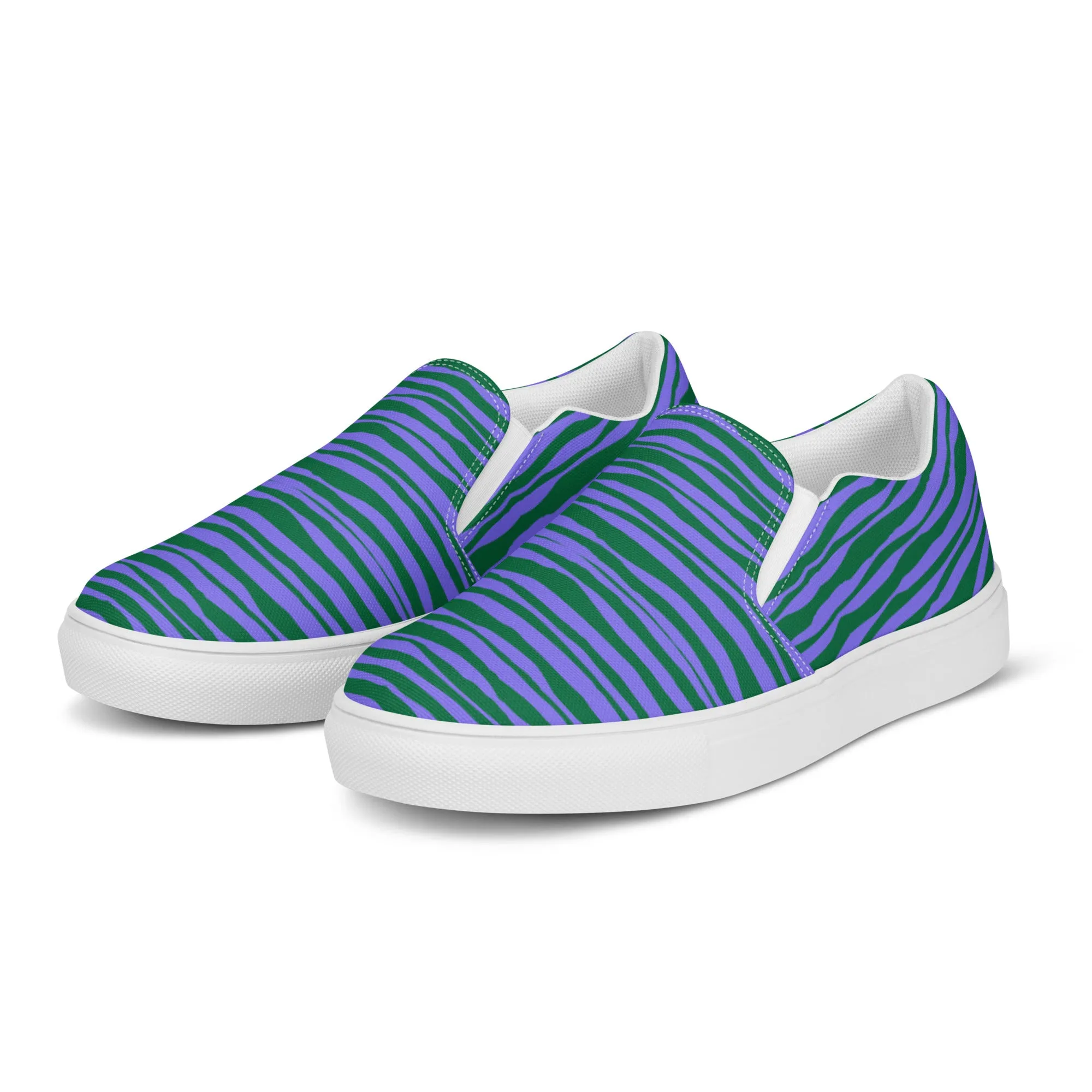 Purple Striped Women's Slip On, Purple Green Striped Print Women’s Slip-On Canvas Shoes (US Size: 5-12)