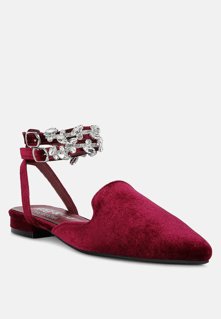 SALOME Burgundy Embellished Ankle Strap Velvet Mules