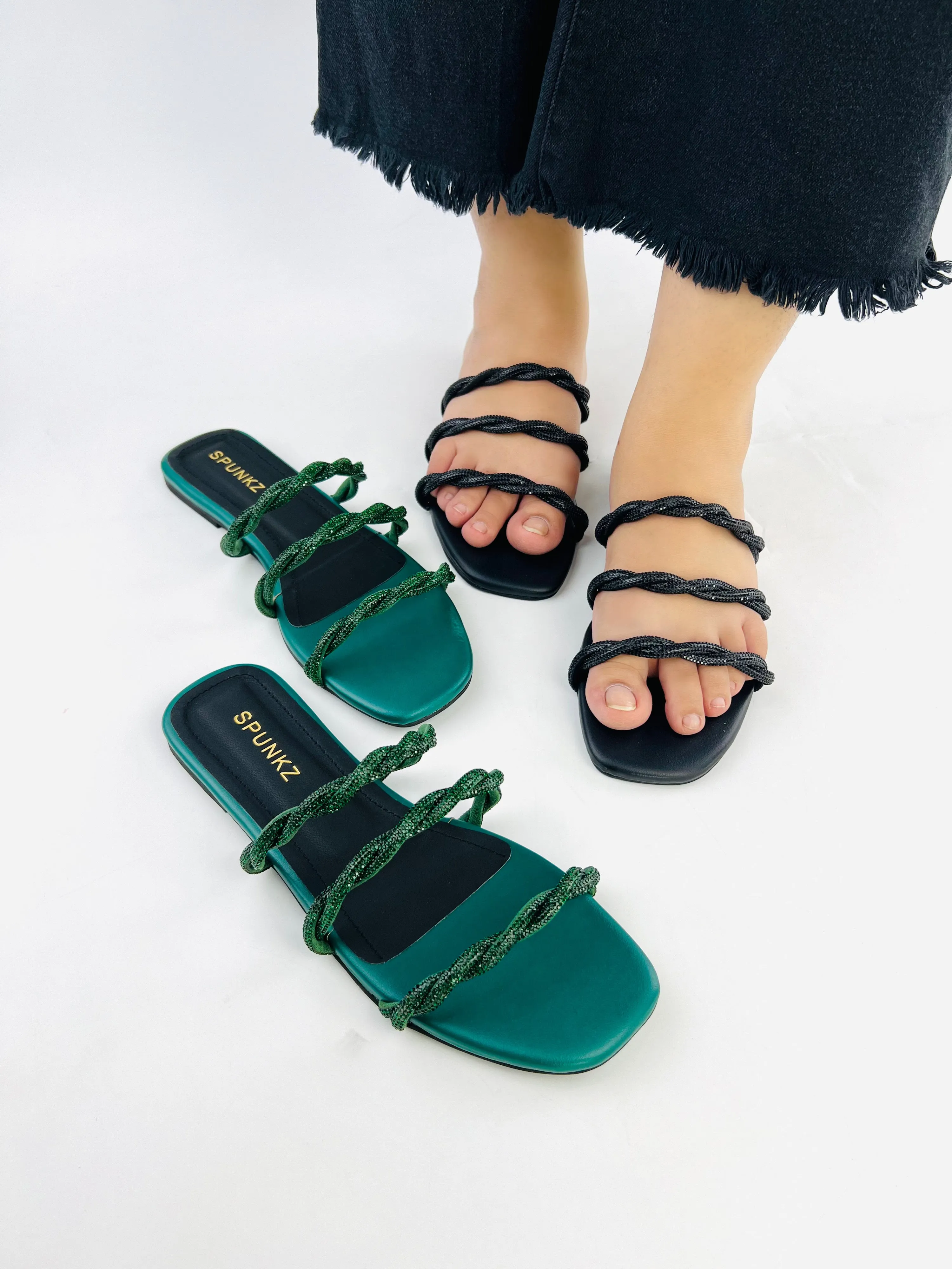 Spunkz 3-Striped Quilted Green Embellished Cross Straps Flats