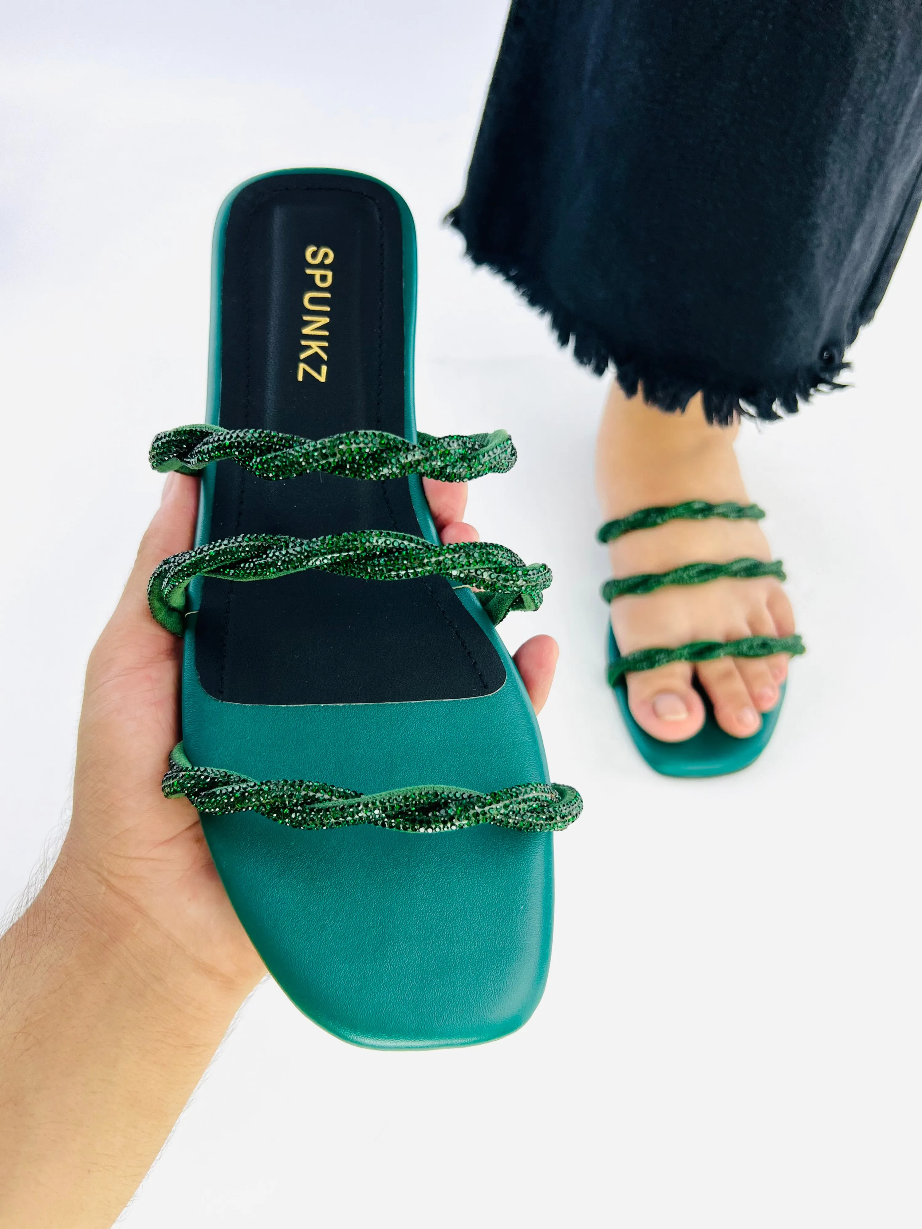 Spunkz 3-Striped Quilted Green Embellished Cross Straps Flats