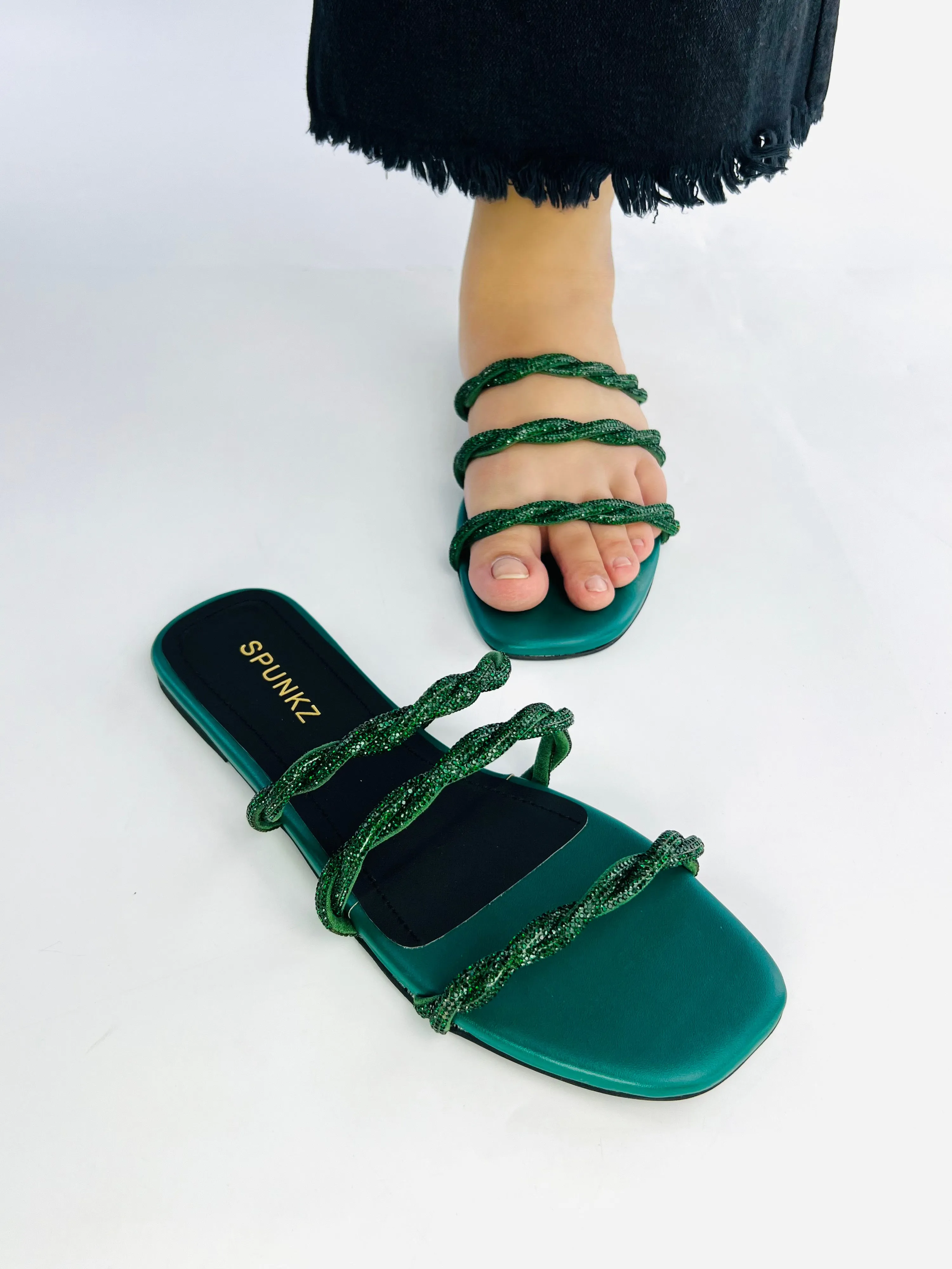 Spunkz 3-Striped Quilted Green Embellished Cross Straps Flats