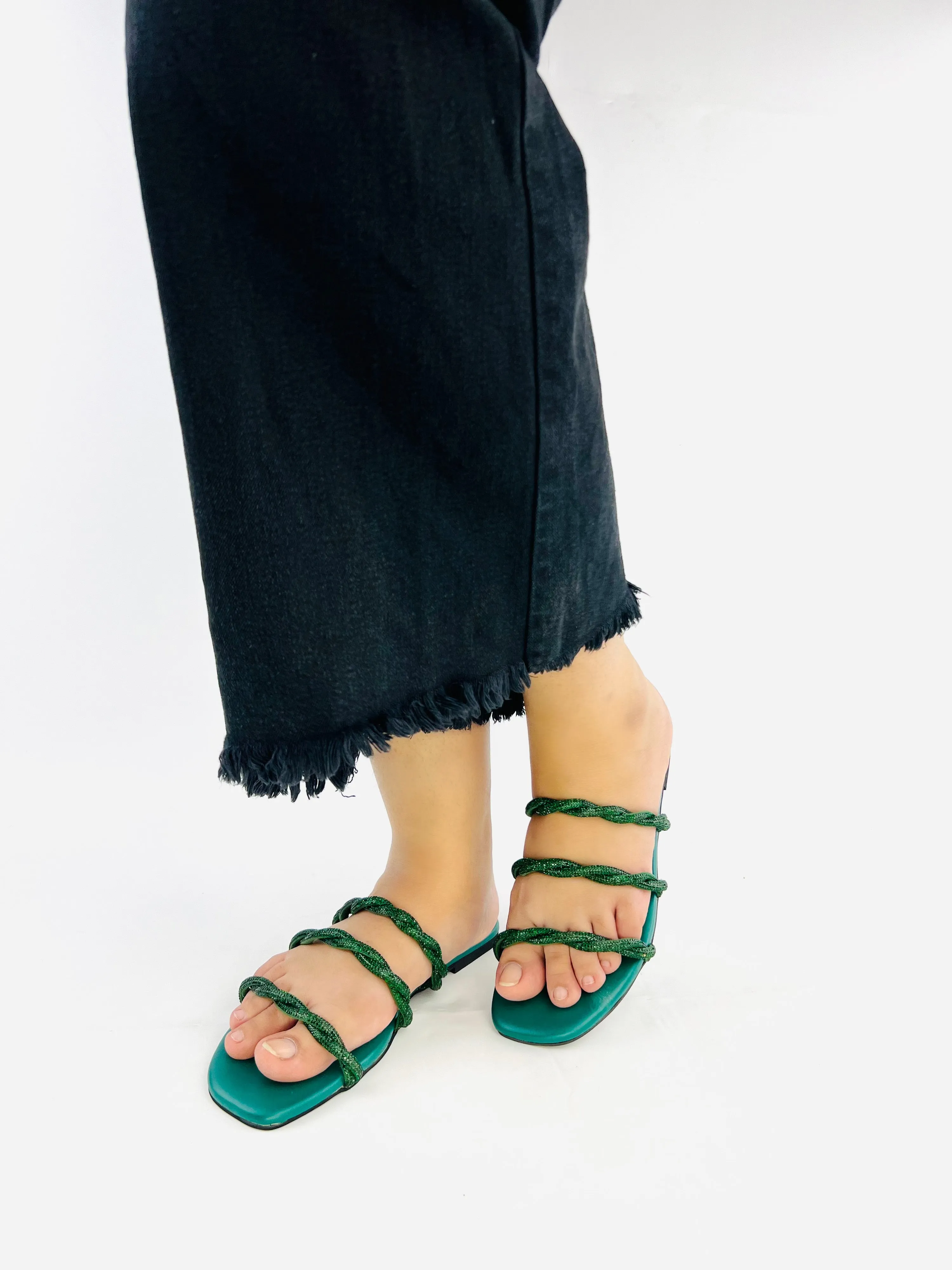 Spunkz 3-Striped Quilted Green Embellished Cross Straps Flats