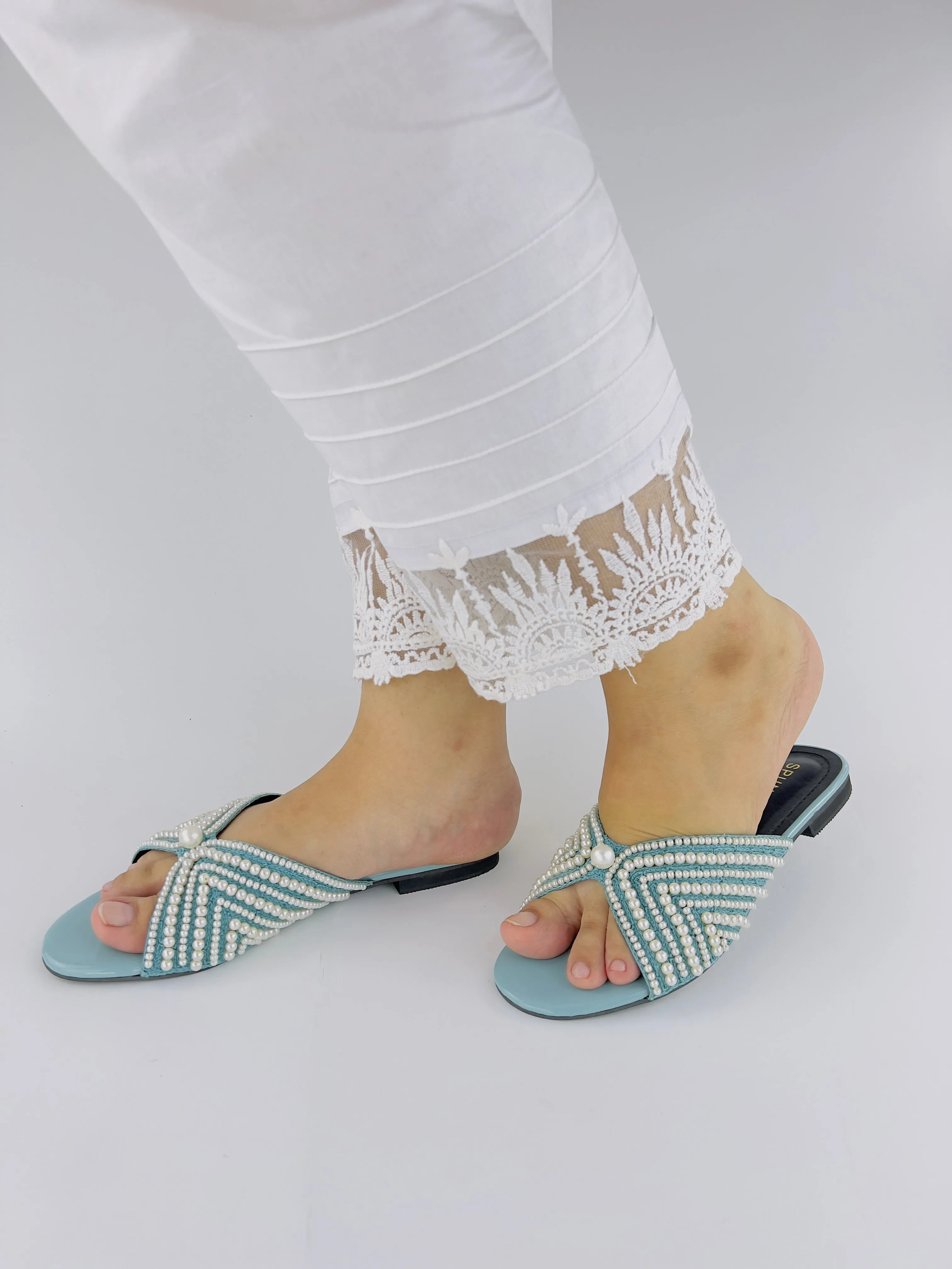 Spunkz Ferozi Open Toe Hand Embroidery Pearls Decor Flat Slides 0008-Blu