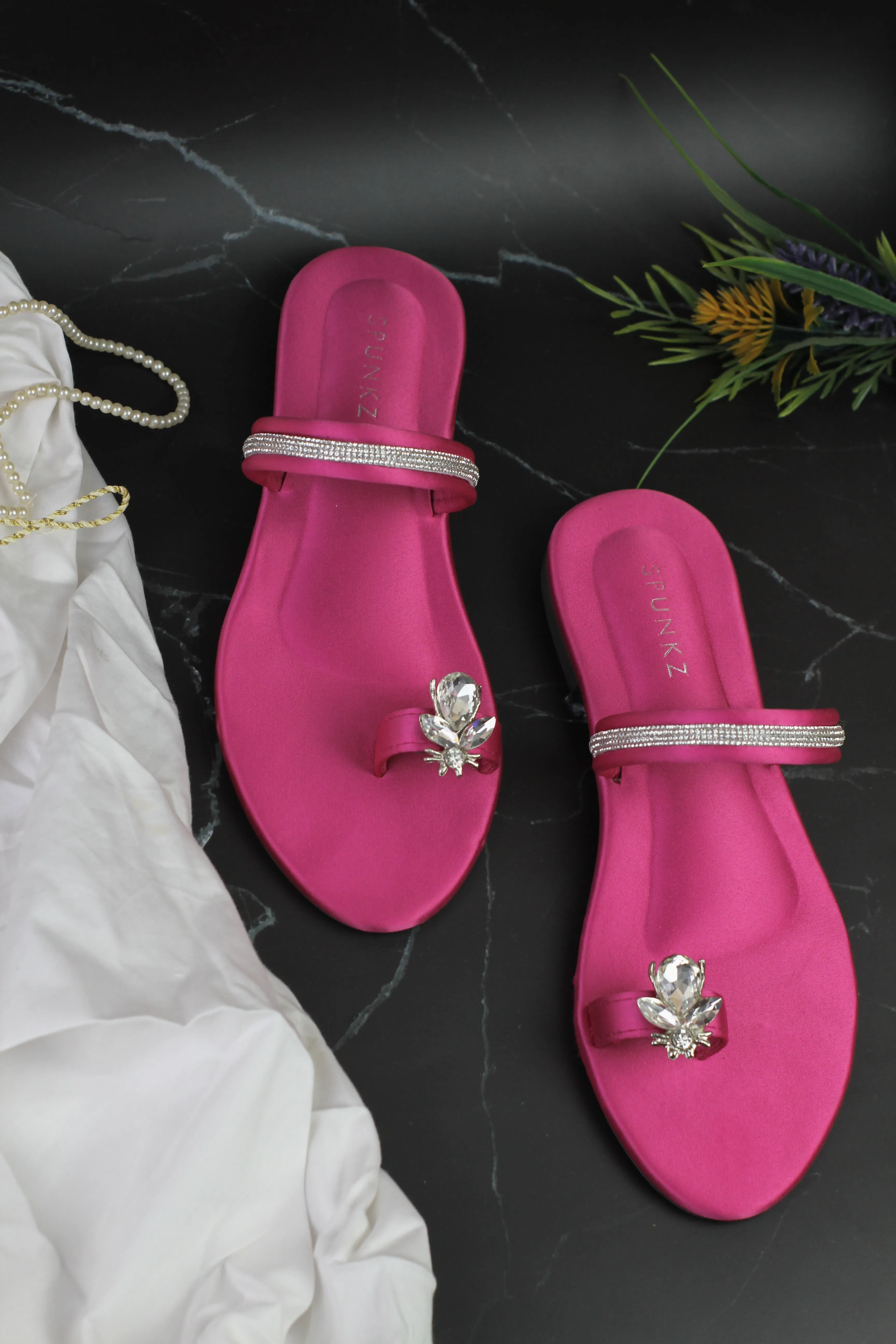 Spunkz Hot Pink Sparkling Broad Straps Flats