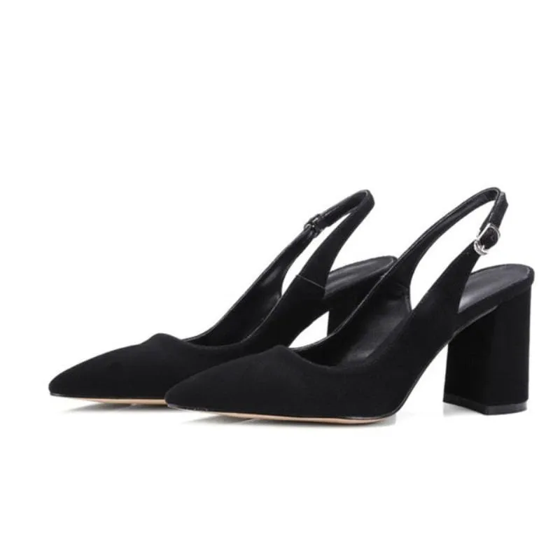 Suede Square High Heel Slingbacks Leather Buckle Pointed Toe Pumps