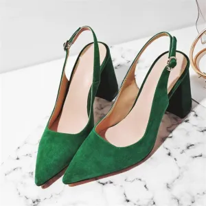 Suede Square High Heel Slingbacks Leather Buckle Pointed Toe Pumps