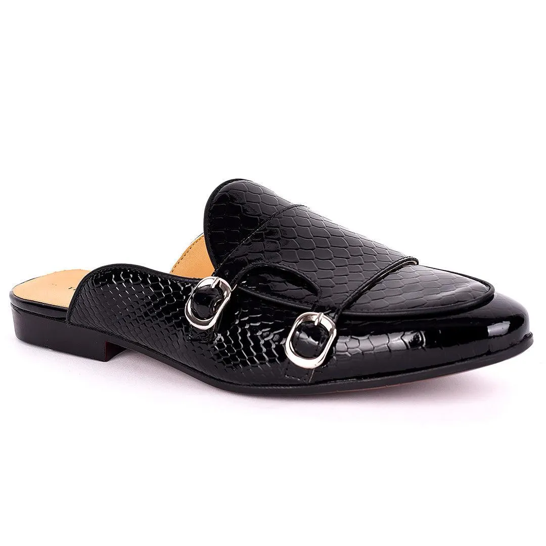 Terry Taylors Monk Double Strap Glossy Croc Leather Men's Half Shoe- Black