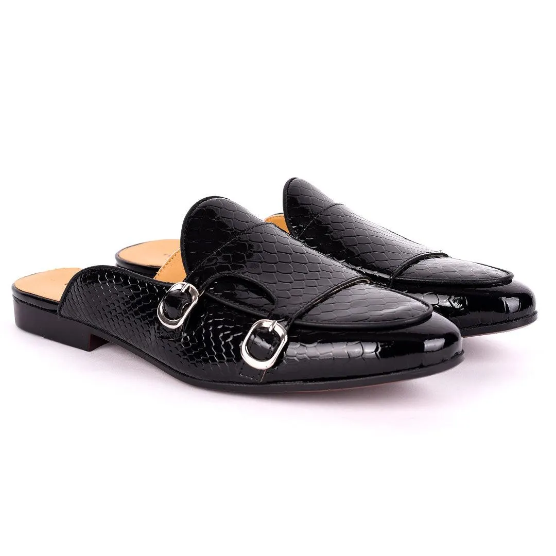 Terry Taylors Monk Double Strap Glossy Croc Leather Men's Half Shoe- Black