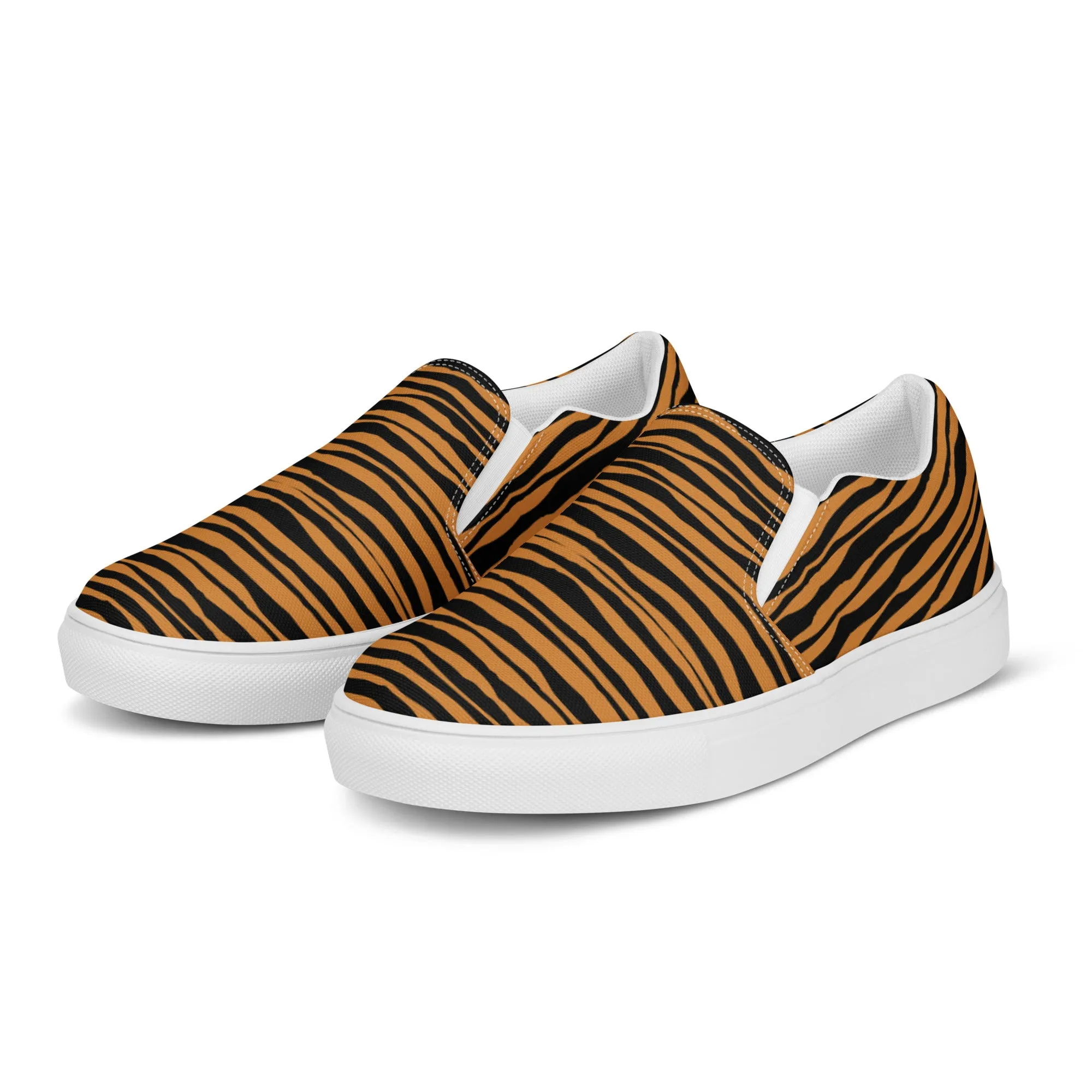 Tiger Striped Women's Slip Ons, Brown Tiger Animal Print Women’s Slip-On Canvas Shoes (US Size: 5-12)