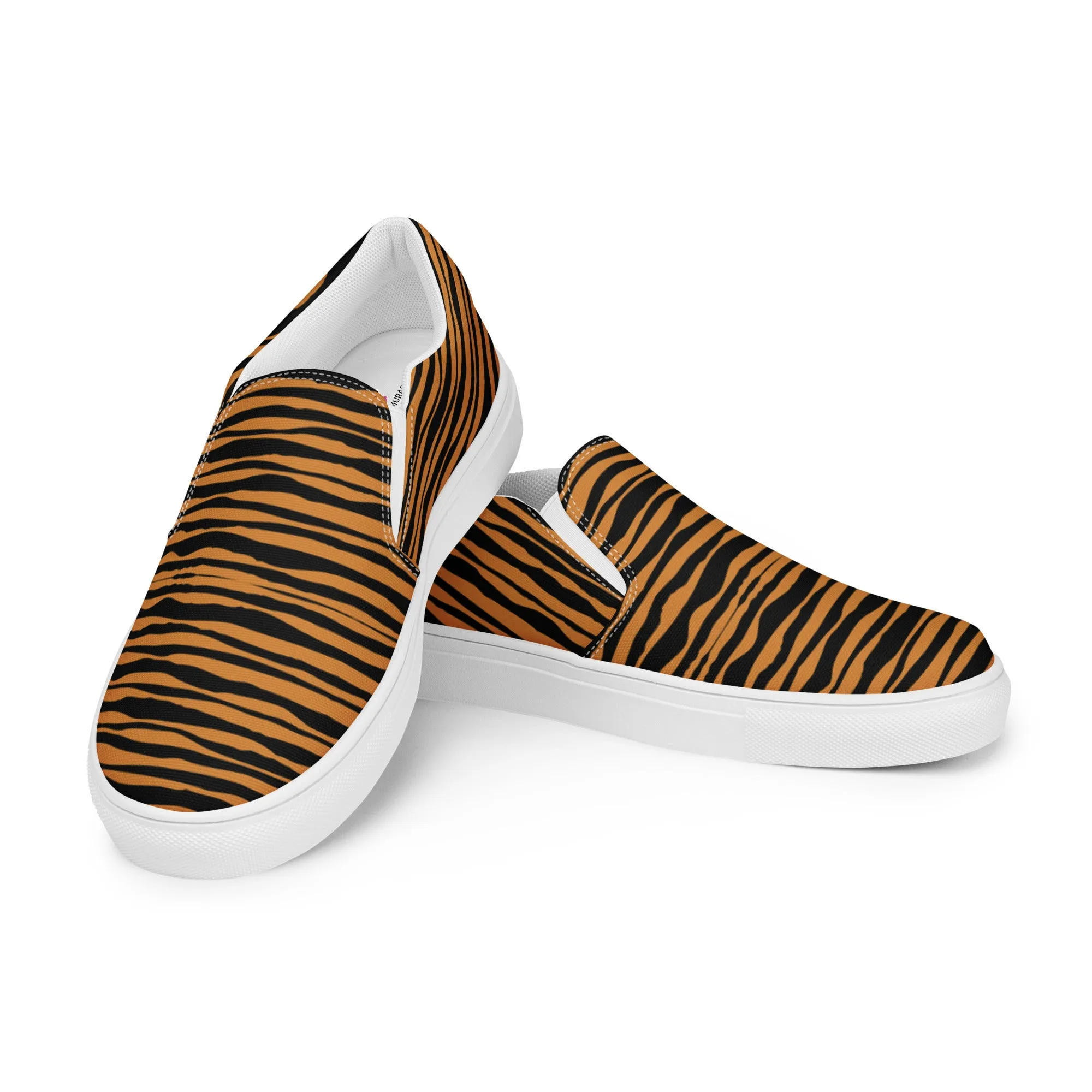 Tiger Striped Women's Slip Ons, Brown Tiger Animal Print Women’s Slip-On Canvas Shoes (US Size: 5-12)