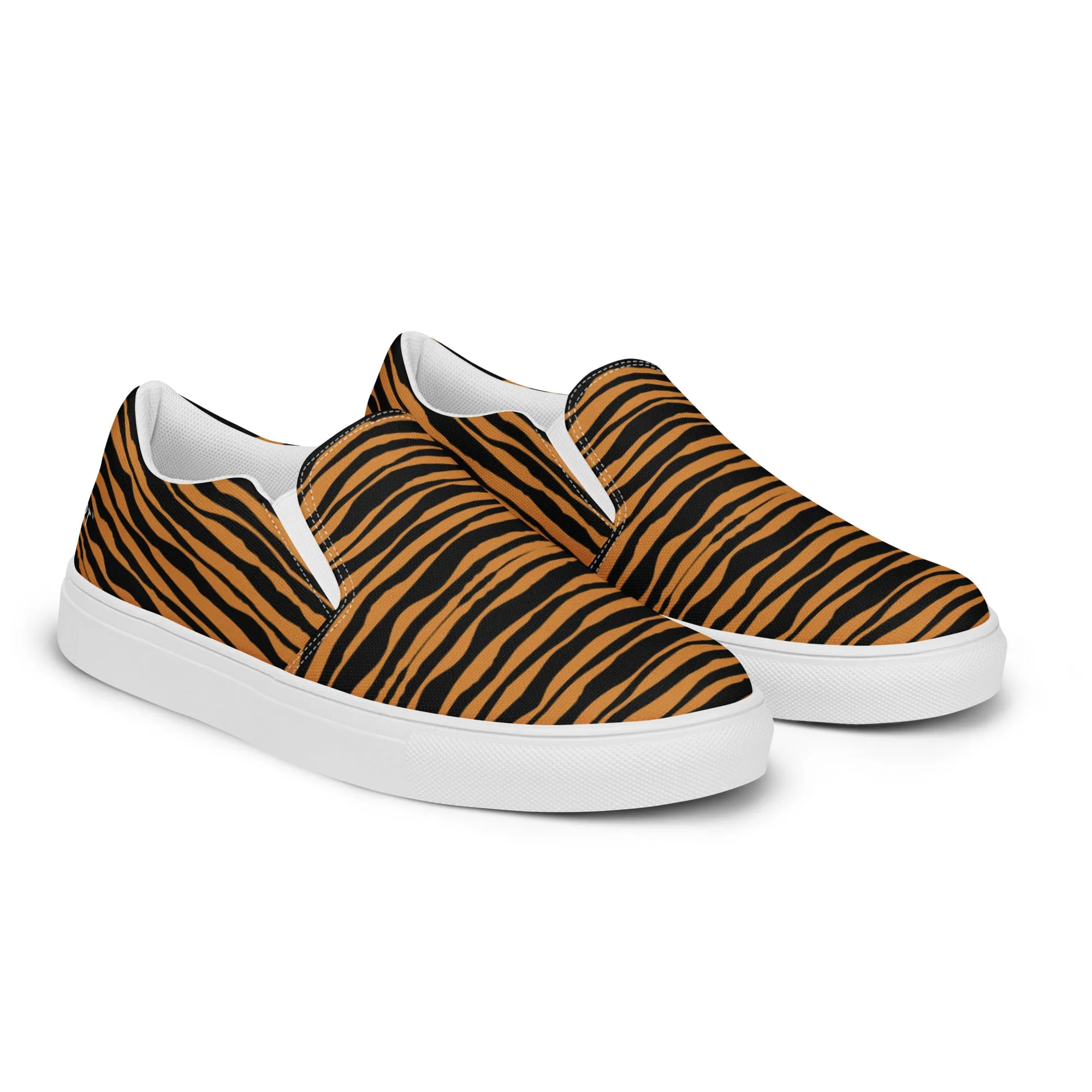 Tiger Striped Women's Slip Ons, Brown Tiger Animal Print Women’s Slip-On Canvas Shoes (US Size: 5-12)