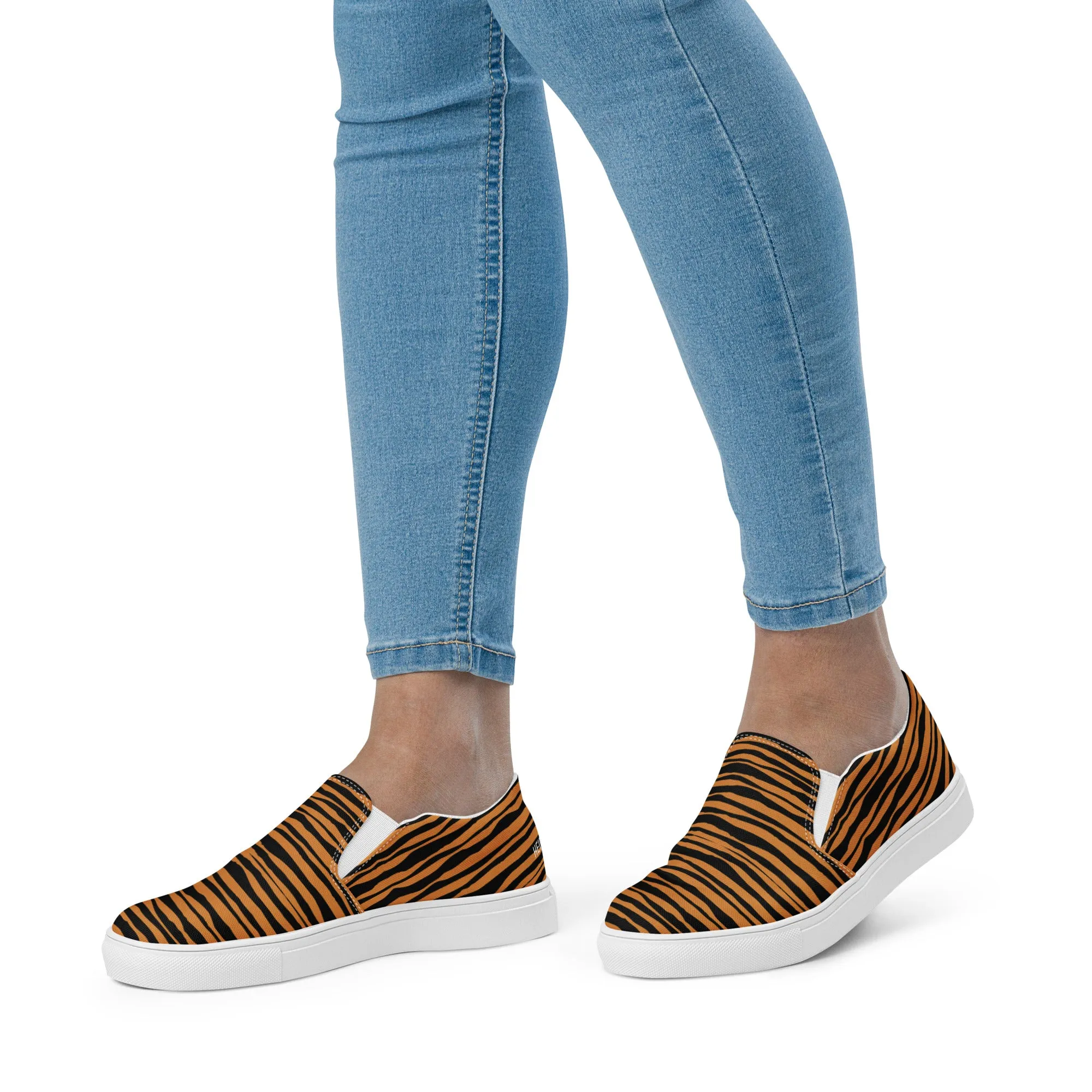 Tiger Striped Women's Slip Ons, Brown Tiger Animal Print Women’s Slip-On Canvas Shoes (US Size: 5-12)