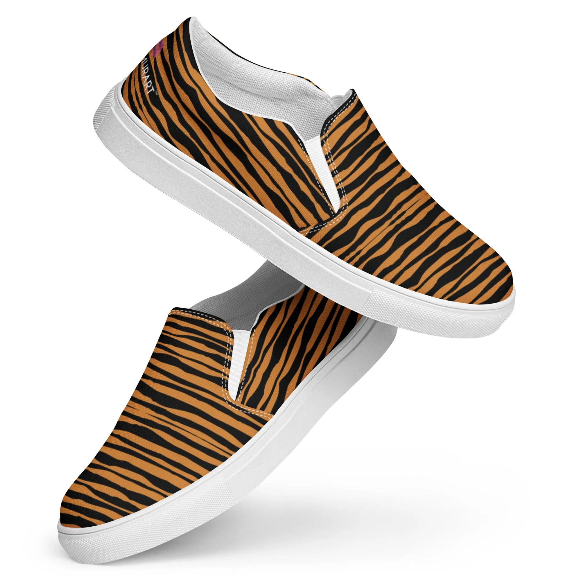 Tiger Striped Women's Slip Ons, Brown Tiger Animal Print Women’s Slip-On Canvas Shoes (US Size: 5-12)