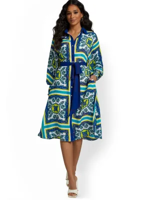 Tile-Print Belted Shirtdress