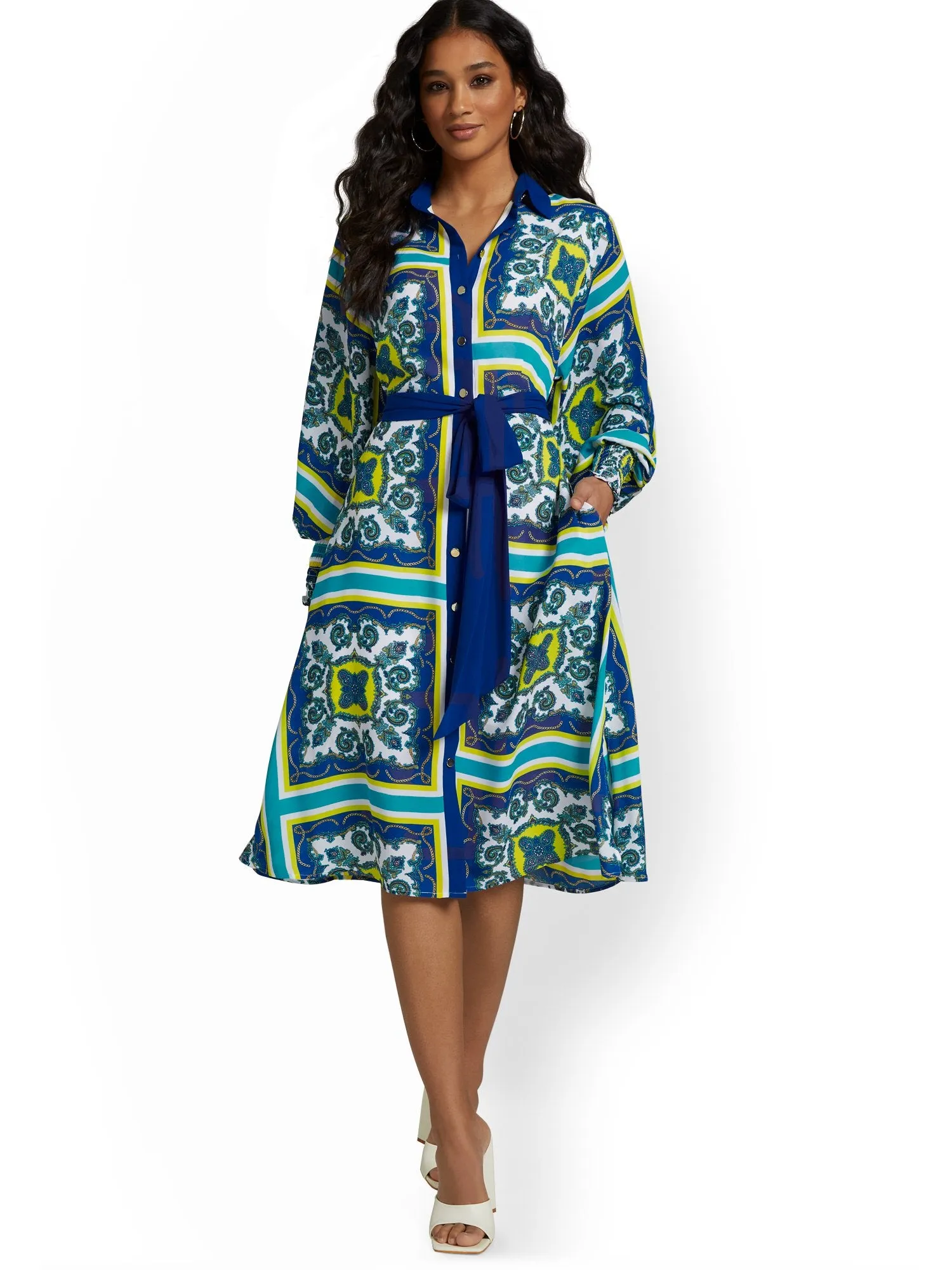 Tile-Print Belted Shirtdress