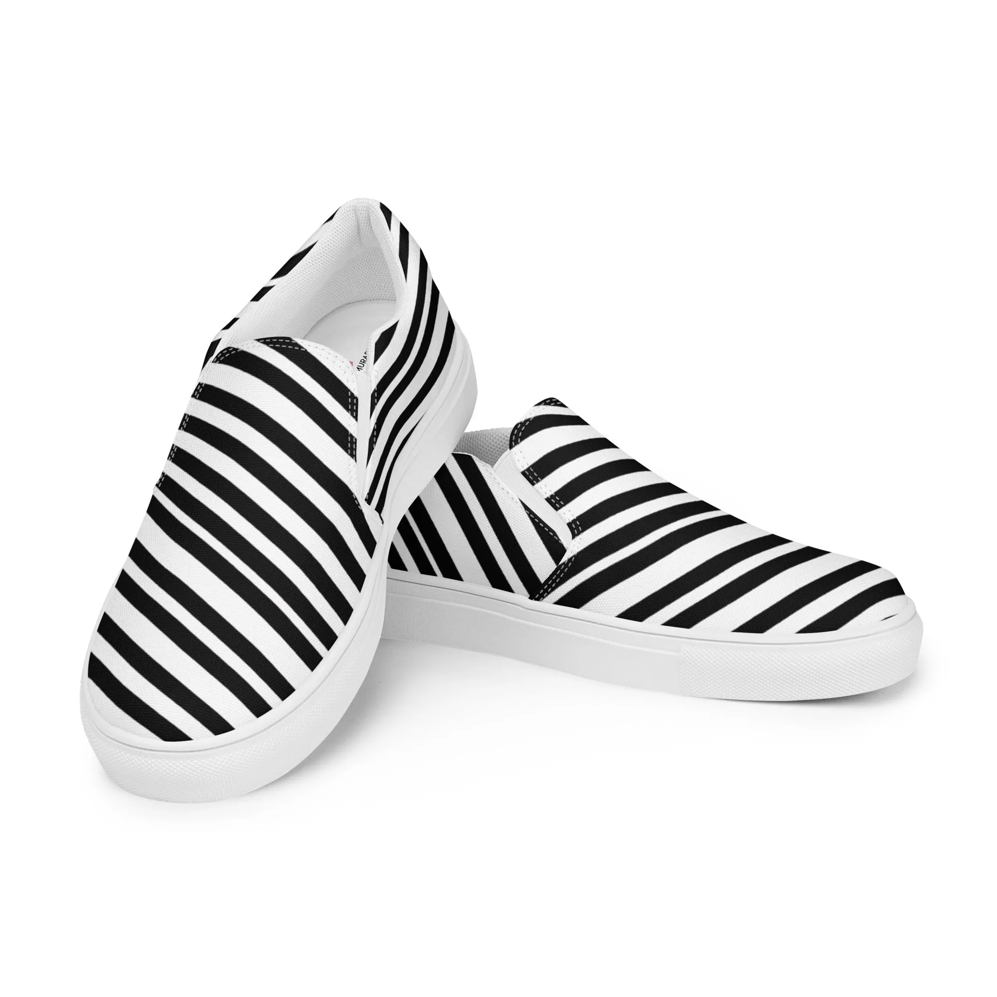 White Black Striped Women's Shoes, Diagonally Striped Print Women’s Slip-On Canvas Shoes (US Size: 5-12)