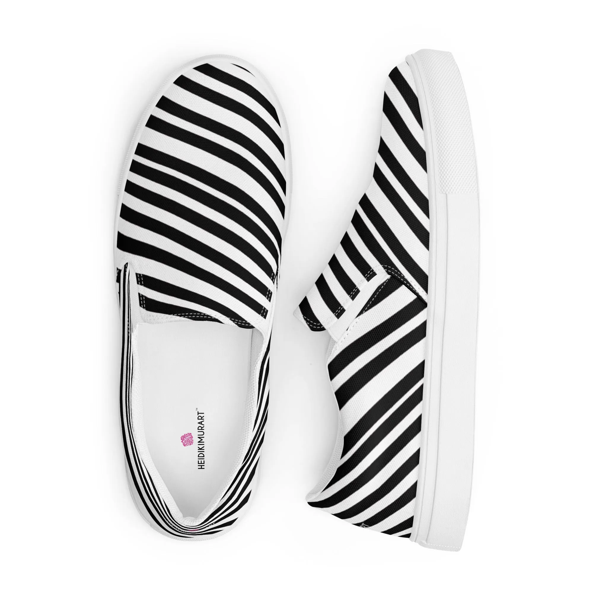 White Black Striped Women's Shoes, Diagonally Striped Print Women’s Slip-On Canvas Shoes (US Size: 5-12)