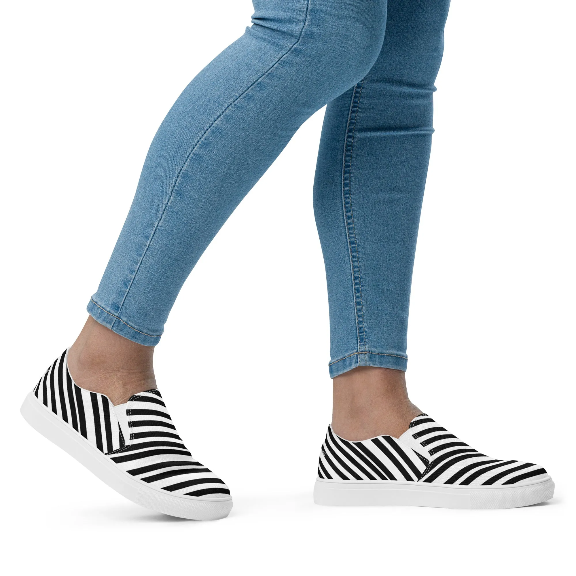 White Black Striped Women's Shoes, Diagonally Striped Print Women’s Slip-On Canvas Shoes (US Size: 5-12)