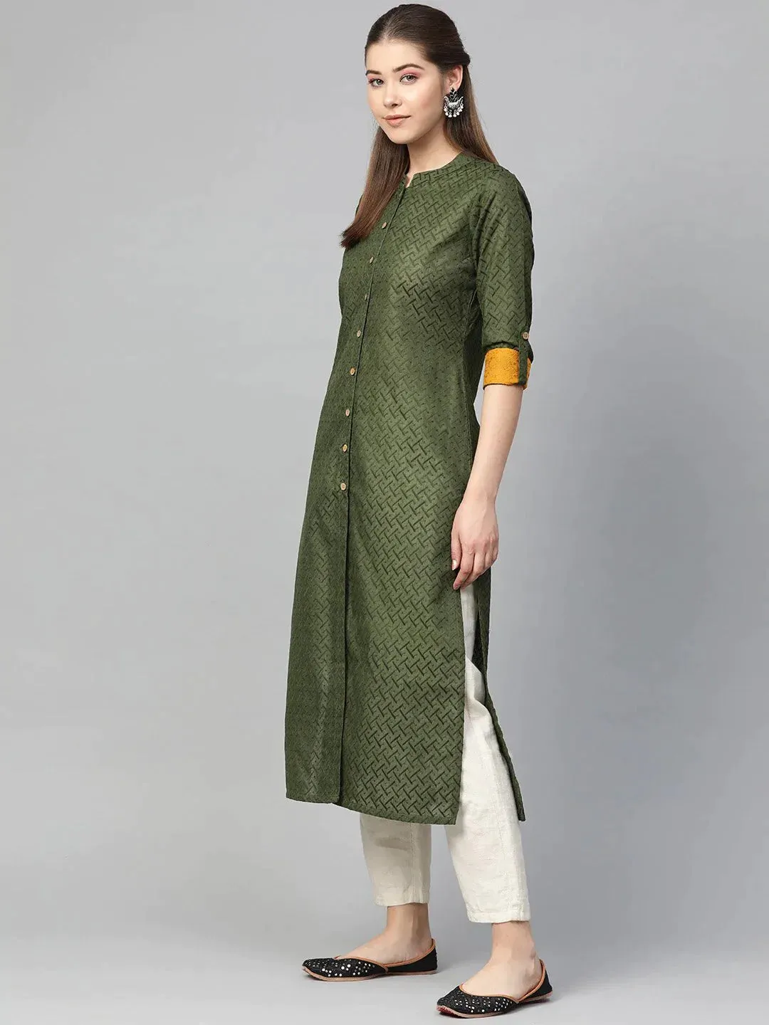 Women Olive Green Woven Design Straight Kurta