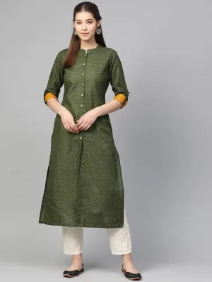 Women Olive Green Woven Design Straight Kurta