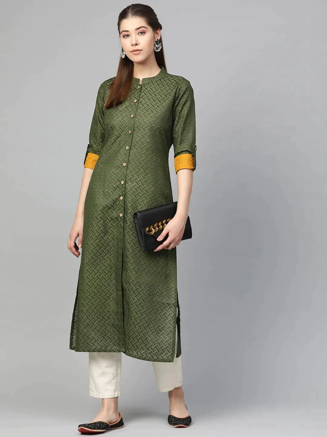 Women Olive Green Woven Design Straight Kurta