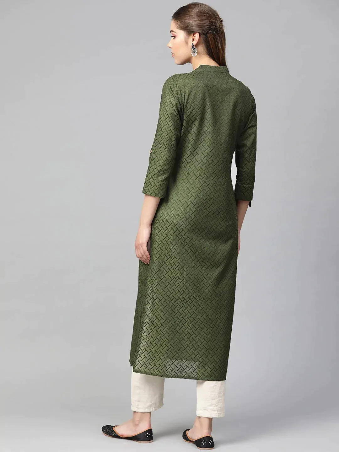 Women Olive Green Woven Design Straight Kurta