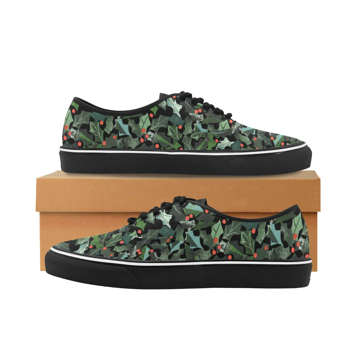 Women's Ivy Plants Christmas Print Canvas Low Top Shoes (Black)